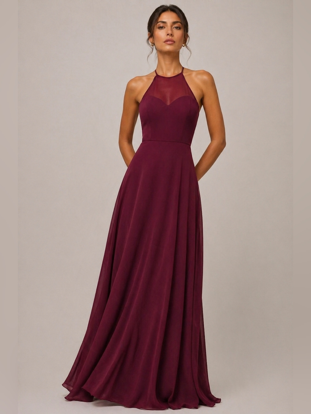 Lulus Burgundy Halter Maxi Dress Small Formal Chiffon Evening Gown